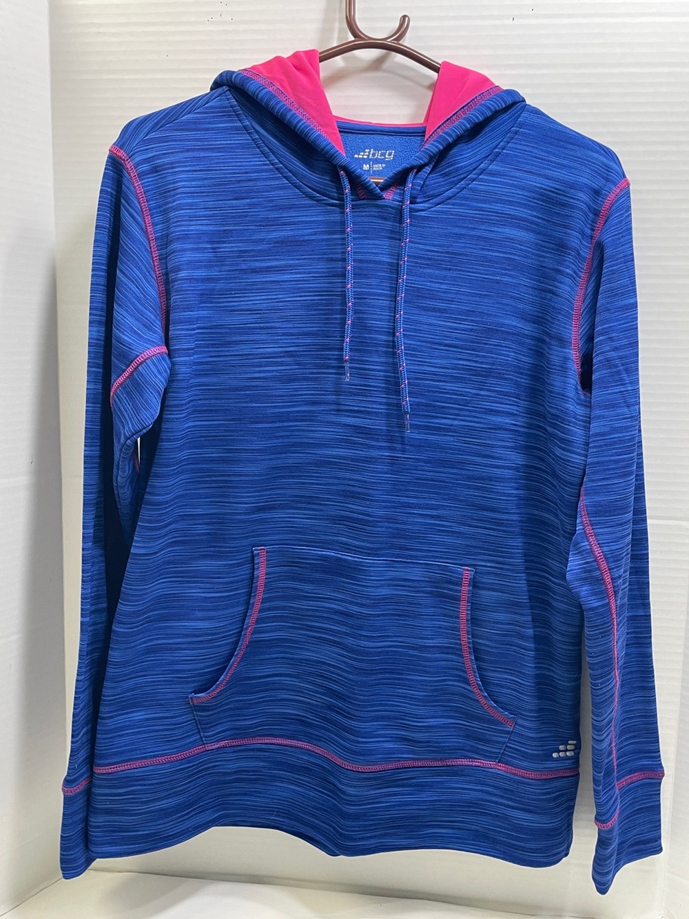 BCG Blue Heathered Zip Up Hoodie Jacket Pink Lining Very Soft Sz M P2P 21 L27